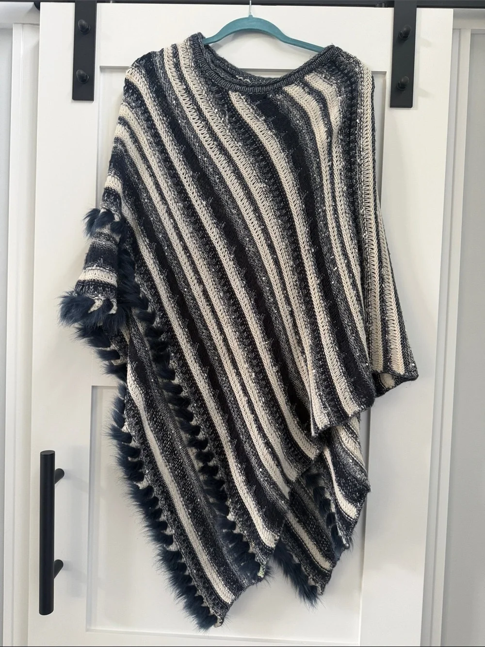 Chico's Black and Cream Striped Knit Poncho with Faux Fur Edge